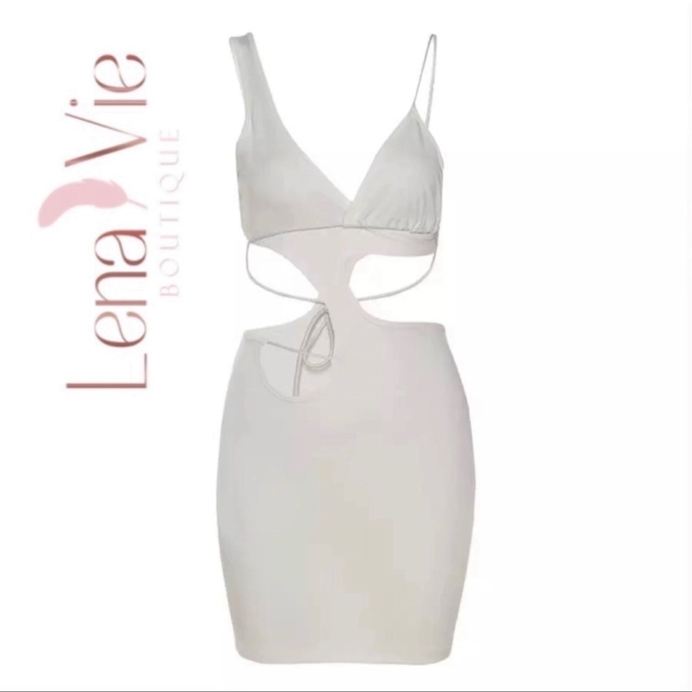 Rincón White Rope Tie Pekaboo Mini Dress, Special Occasion White Beach Mini - Picture 3 of 6